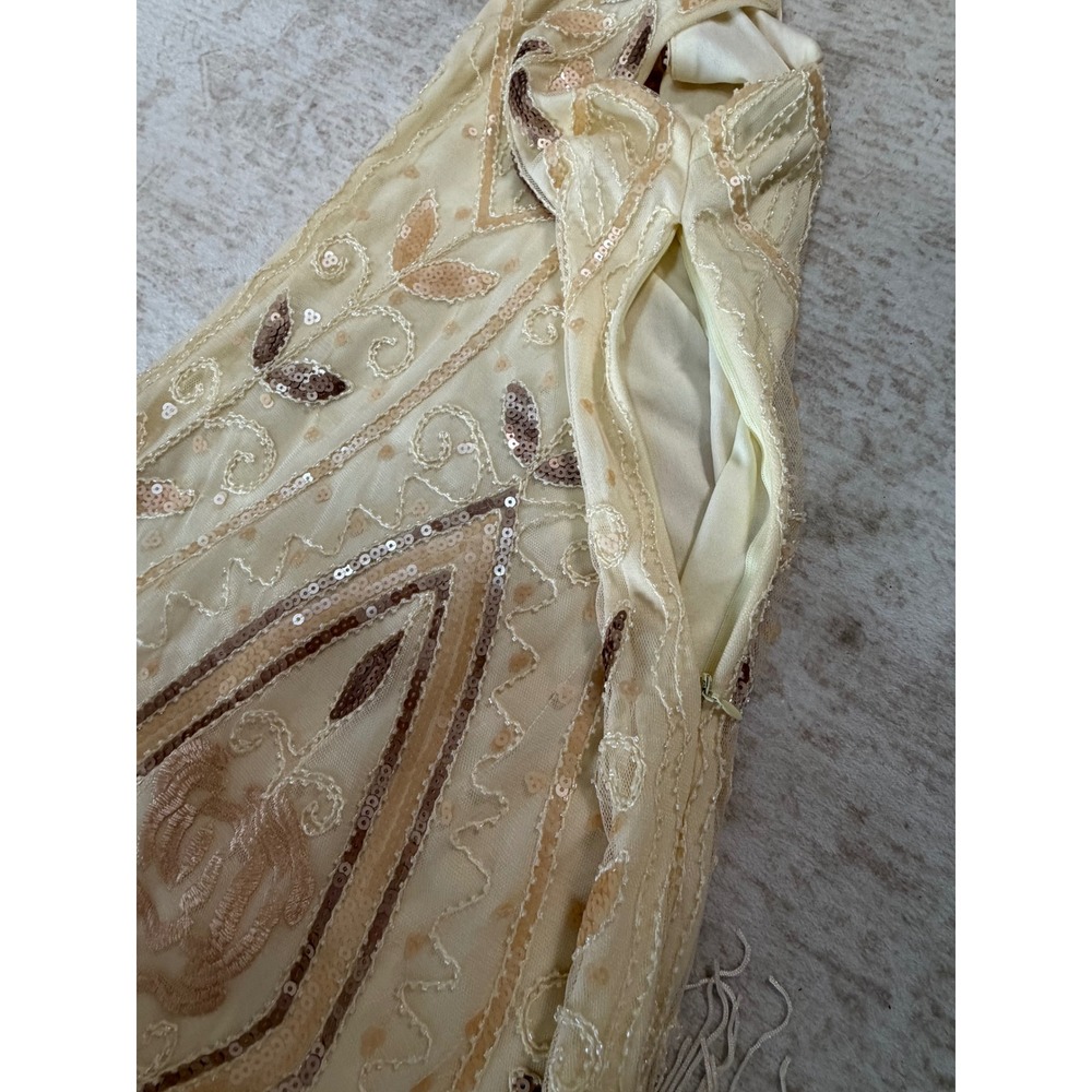 Champagne Sequin Beaded Flapper Dress Great Gatsby 1920s Fringe Cocktail Dress - Picture 12 of 15